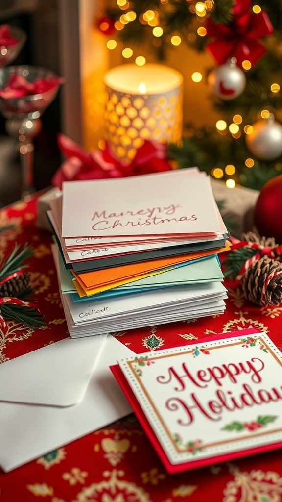 A festive arrangement of Christmas cards and envelopes with elegant handwriting on a decorated table.